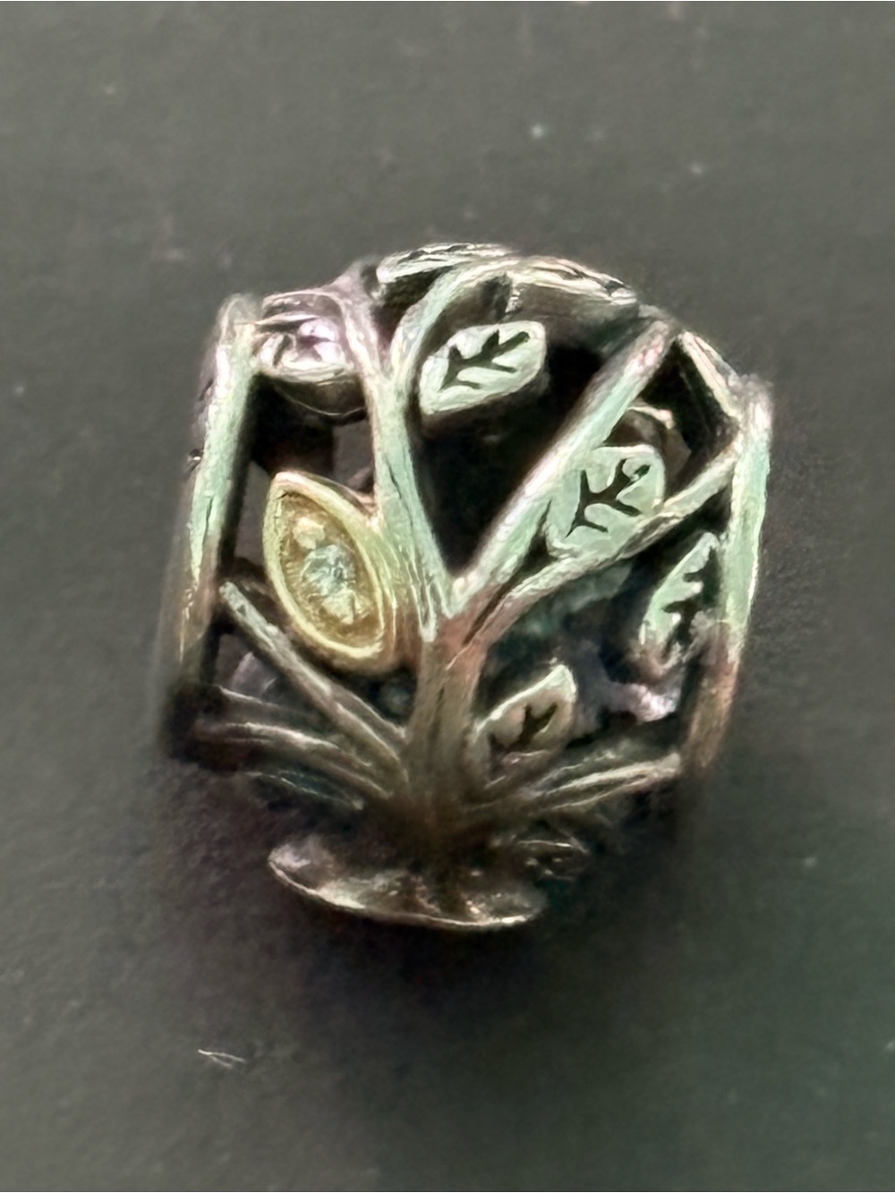 Pandora Silver Leaf Tree Bead with Gold Accent